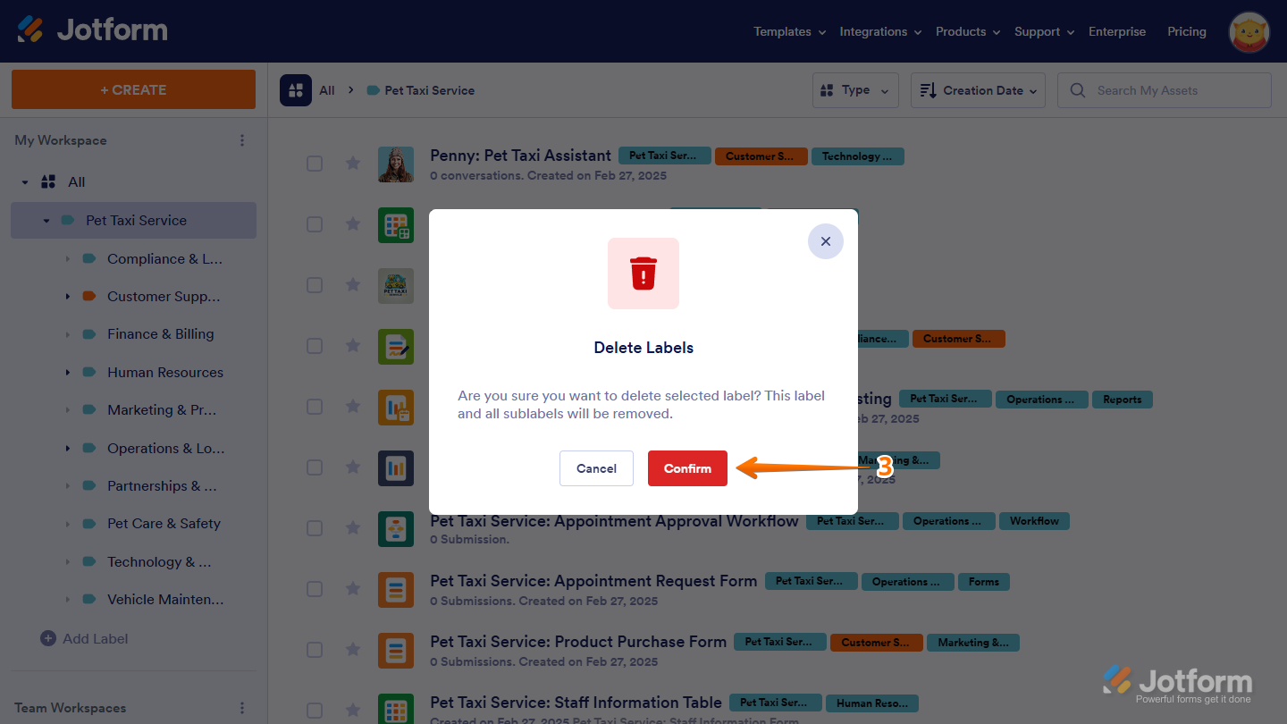 Confirm button in the Delete Labels confirmation window on the Jotform My Workspace page