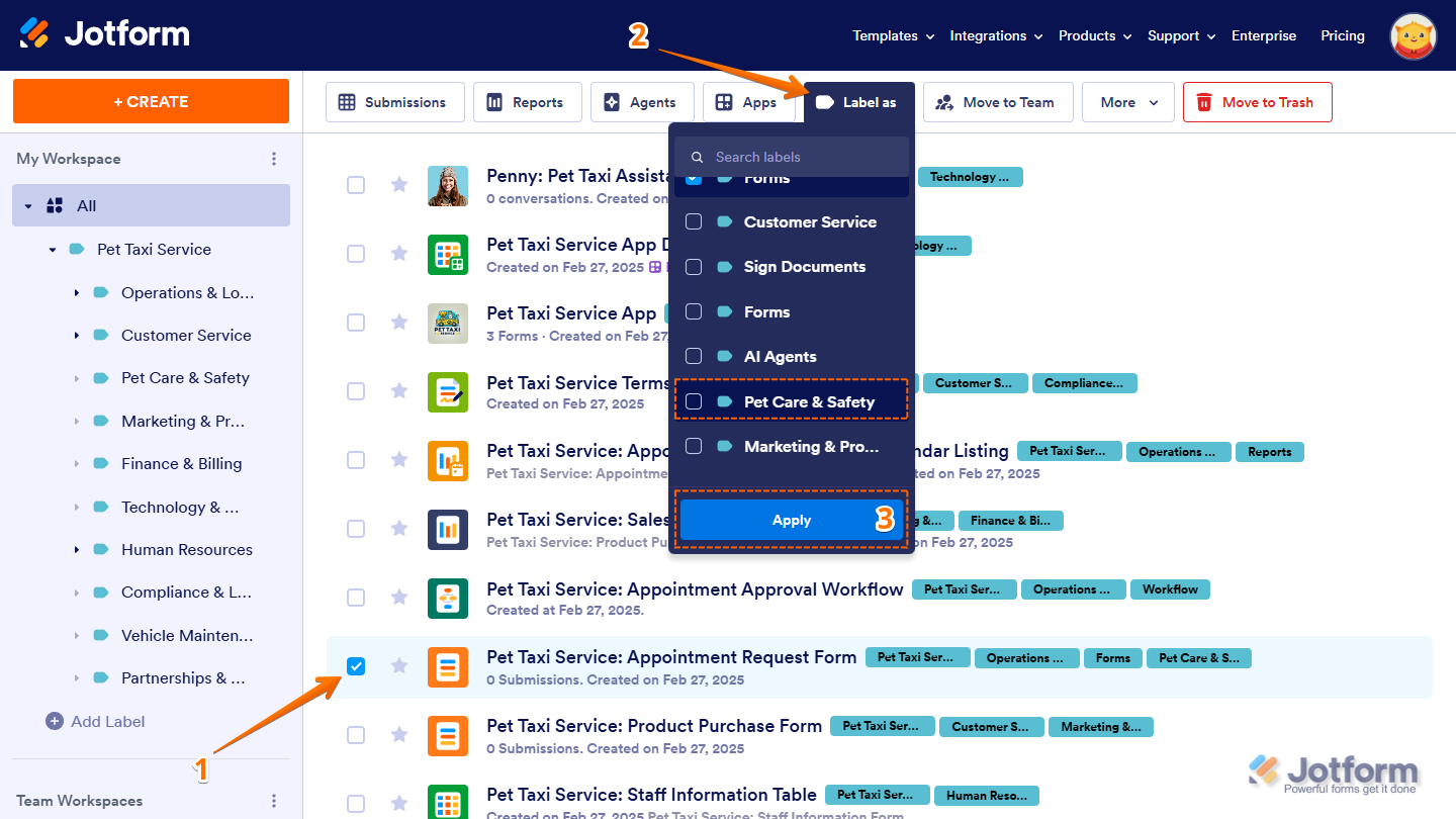 Apply button for a removed label in the Label As menu on the Jotform My Workspace page