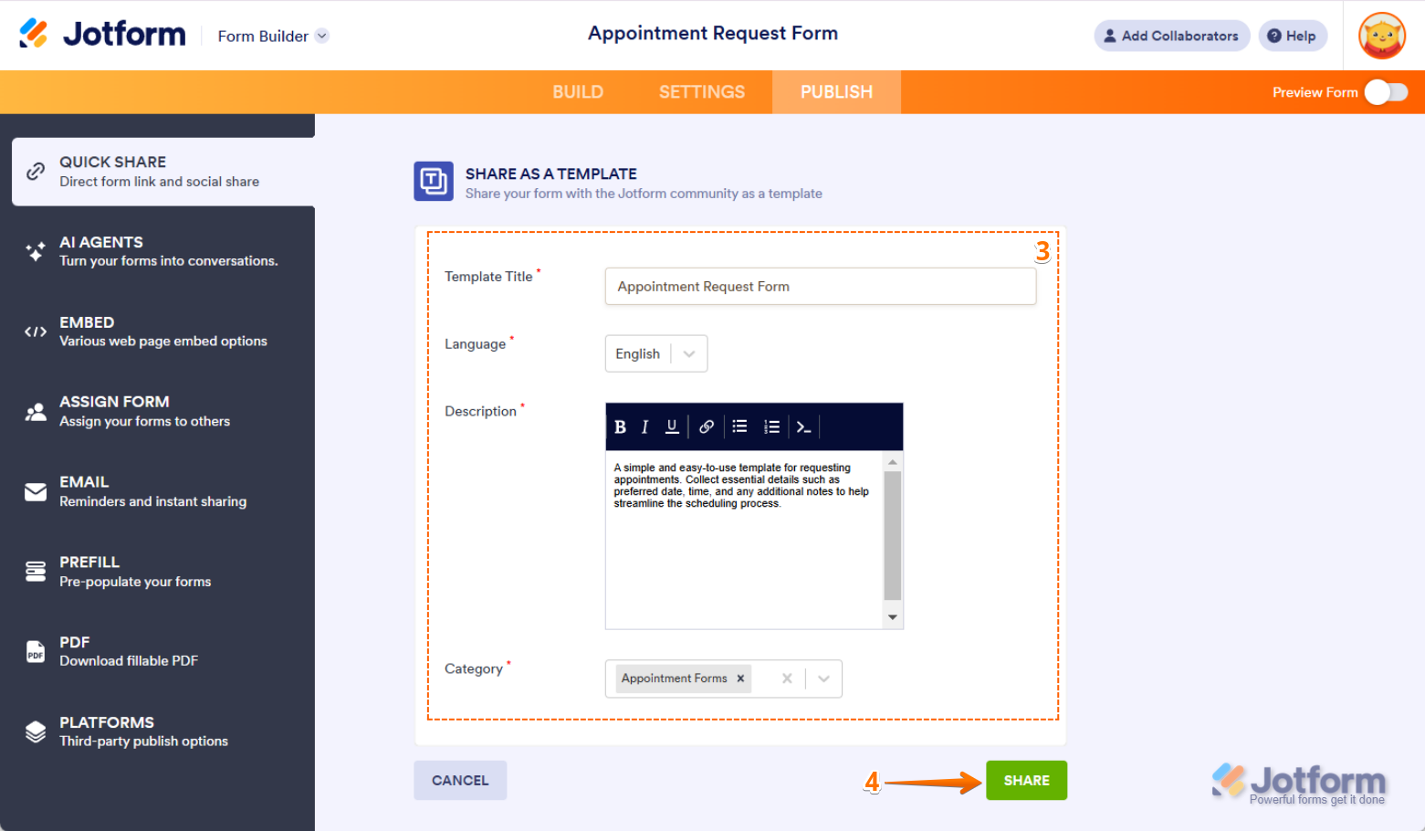Sección de compartir como plantilla en el constructor de Jotform para configurar el título de la plantilla, idioma, descripción, categoría y botón de compartir en Jotform