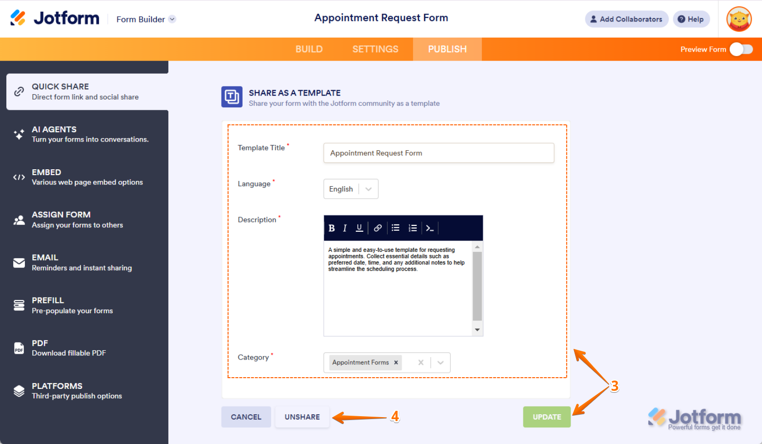 Share as Template section in Jotform Builder to setup the Template Title, Language, Description, Category and Update and Unshare button in Jotform