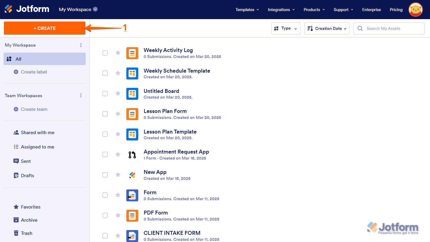 My Workspace page and click the 'Create' button at the top-left corner to start a new boards or assets in Jotform
