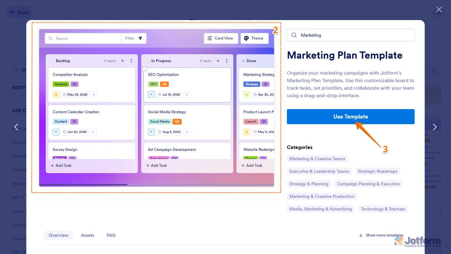 Board template Preview window in the Choose a Template window of the Jotform My Workspace page