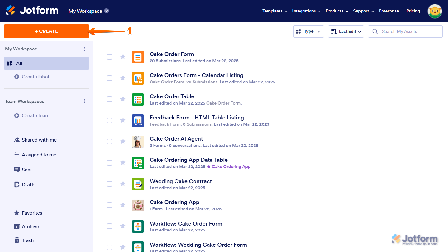Create Asset button on the Jotform My Workspace page