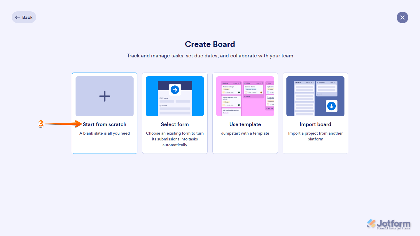 Start From Scratch option in the Create Board window of the Jotform My Workspace page