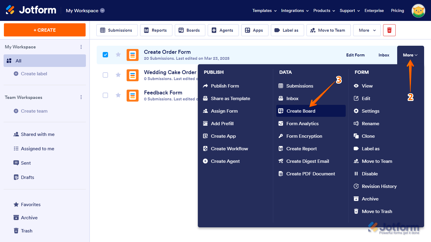 Create Board option in the form More dropdown menu on the Jotform My Workspace page