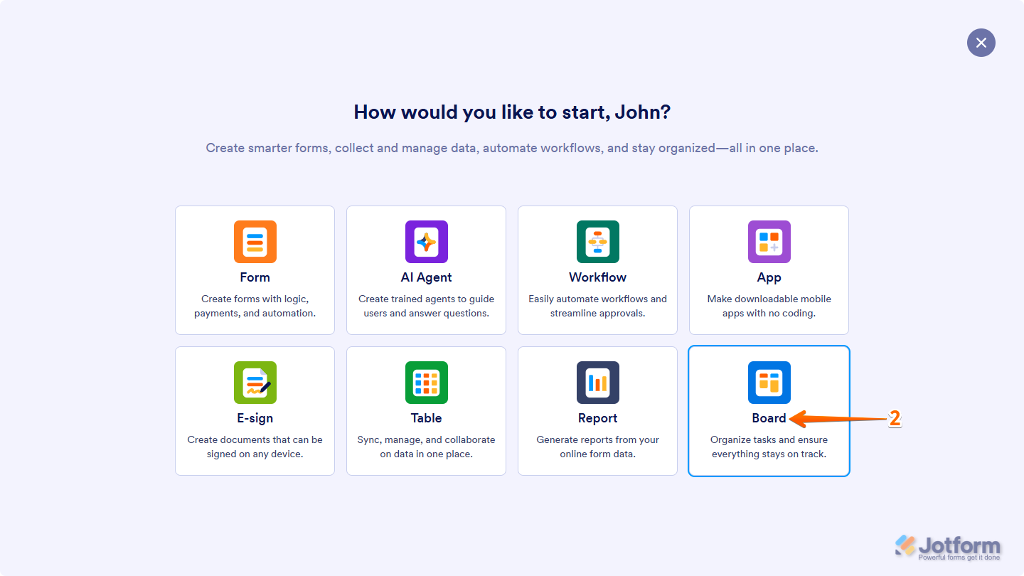Board option in the Select Asset window of the Jotform My Workspace page