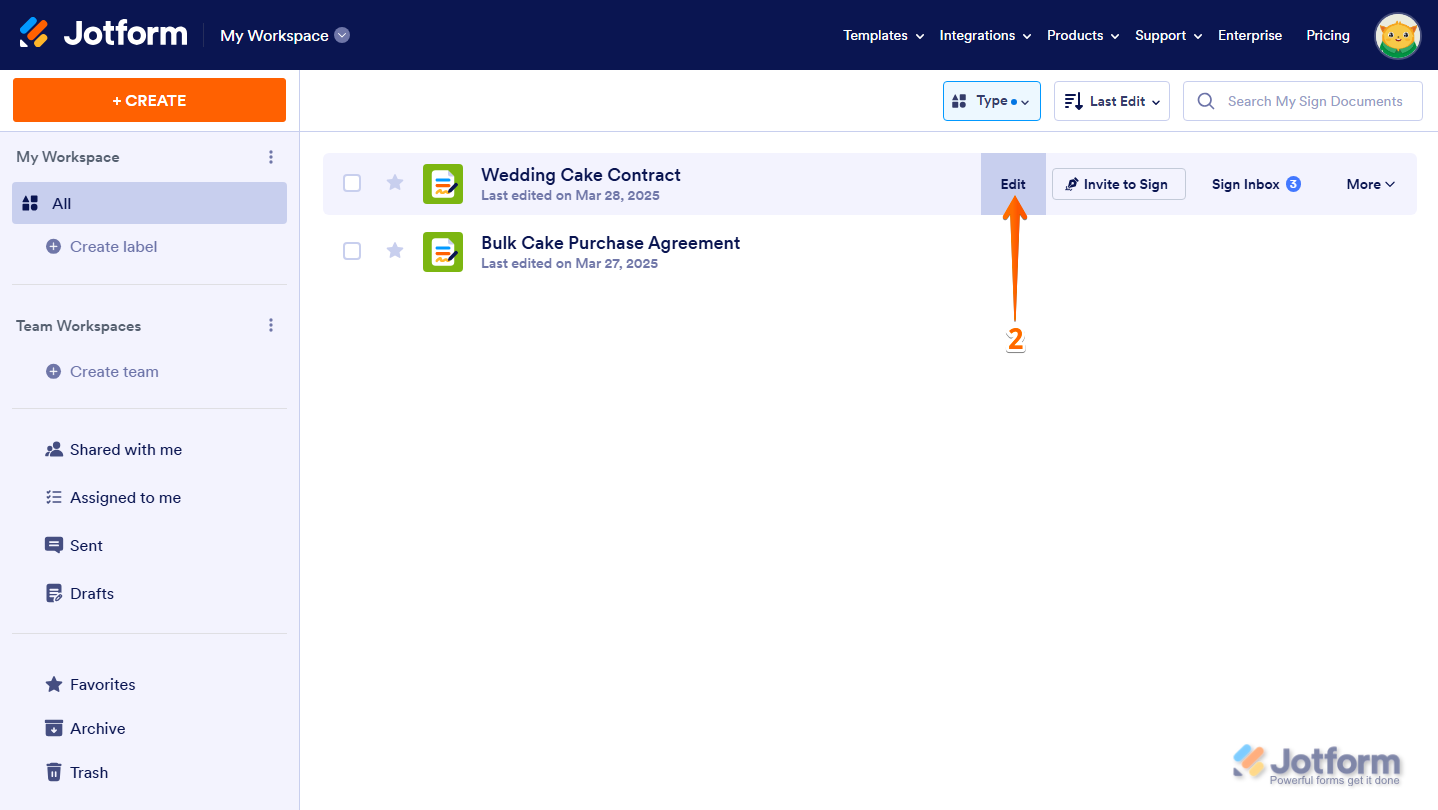 Edit button of a Sign Document in Jotform My Workspace page