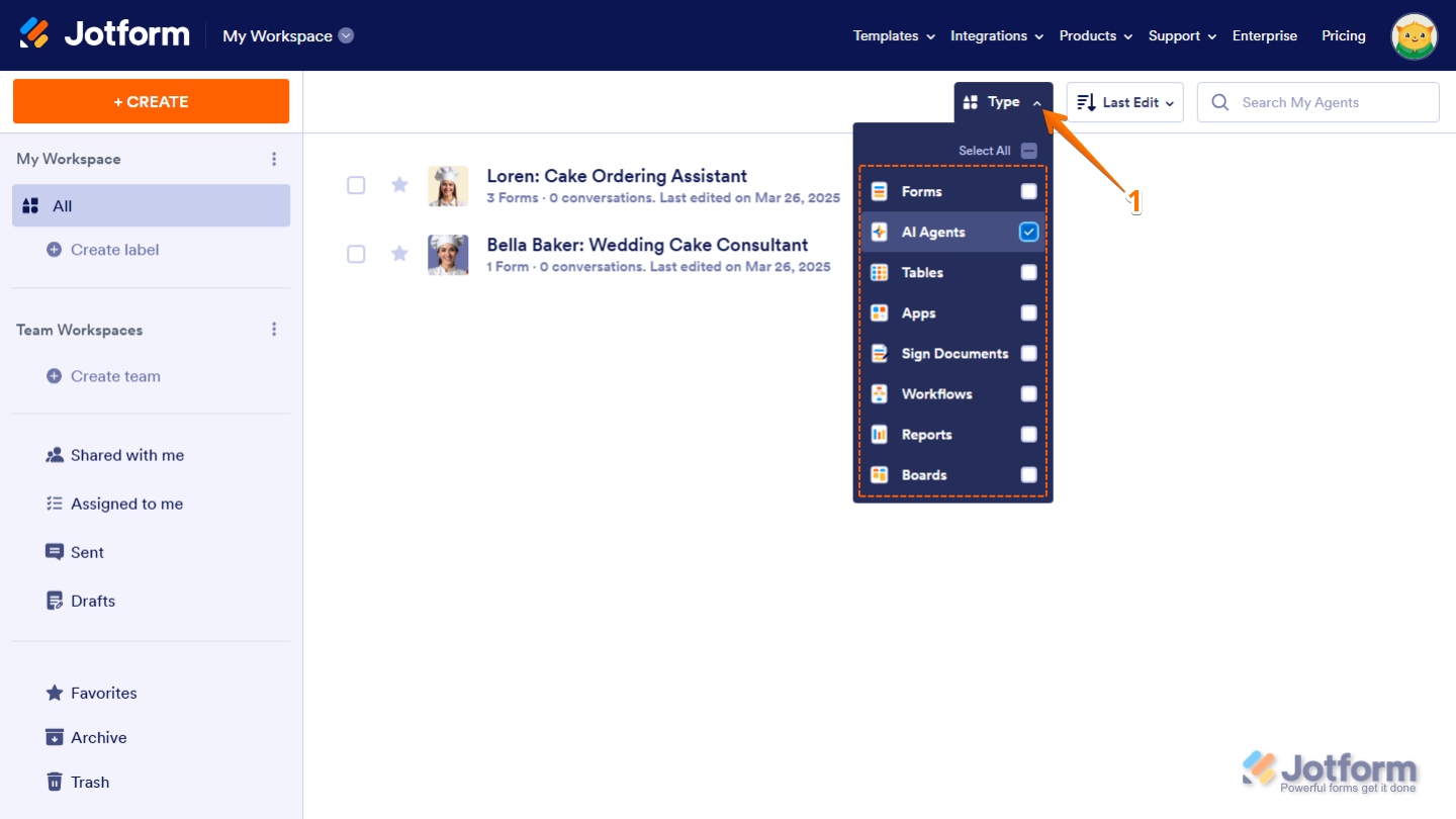 AI Agents option checked in the Type dropdown menu on the Jotform My Workspace page