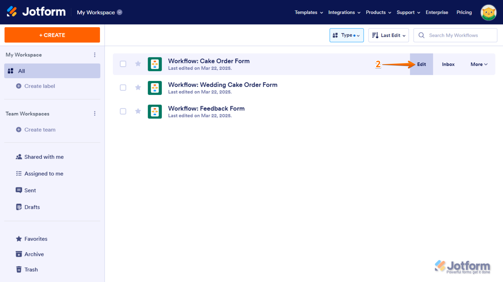 Edit button of a workflow in Jotform My Workspace page