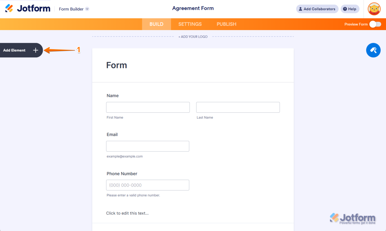 Jotform Form Builder with the 'Add Element' menu open on the left side of the page