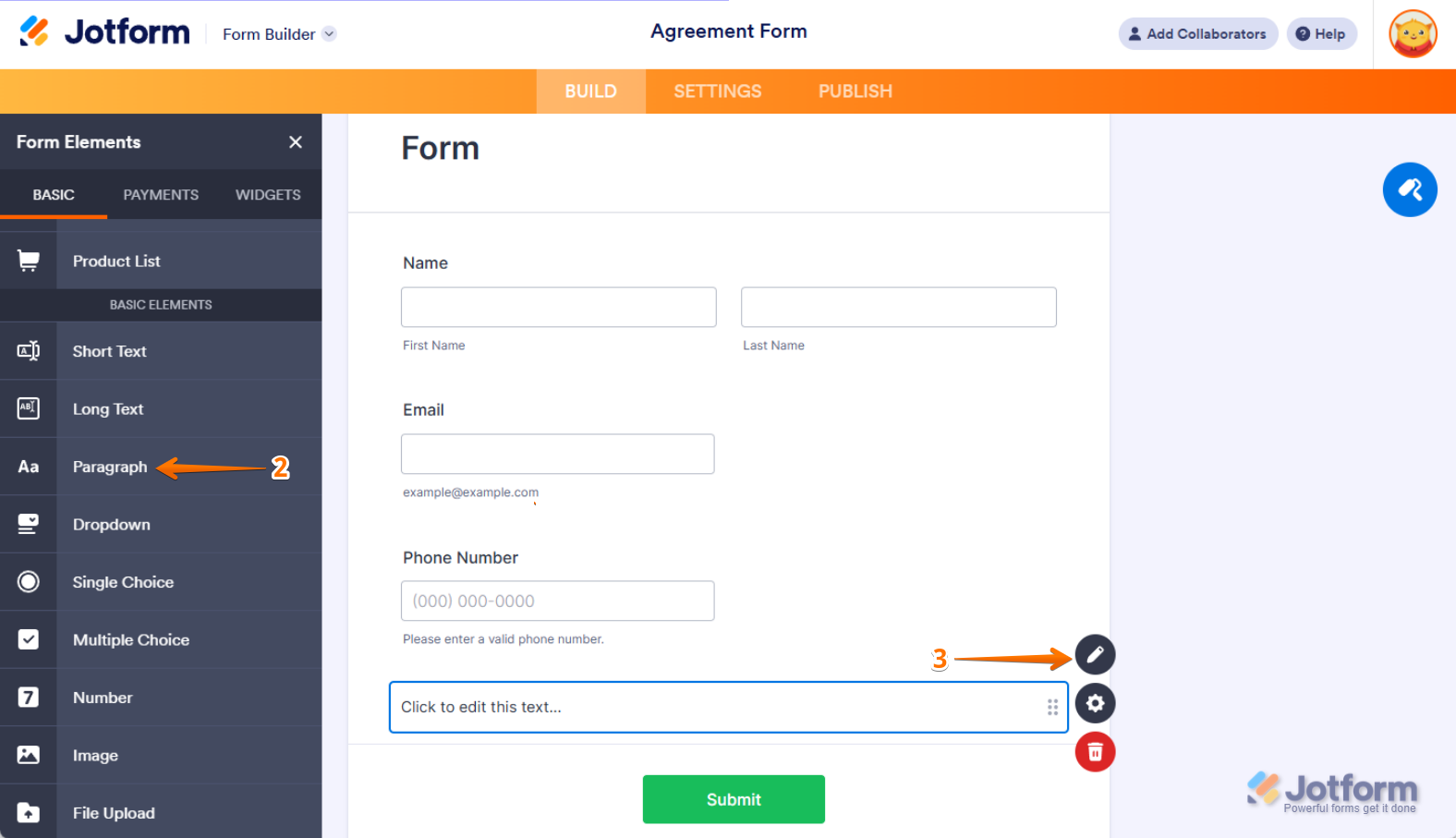 Jotform Form Builder with the 'Basic' tab open, showing the Paragraph Element being dragged onto the form