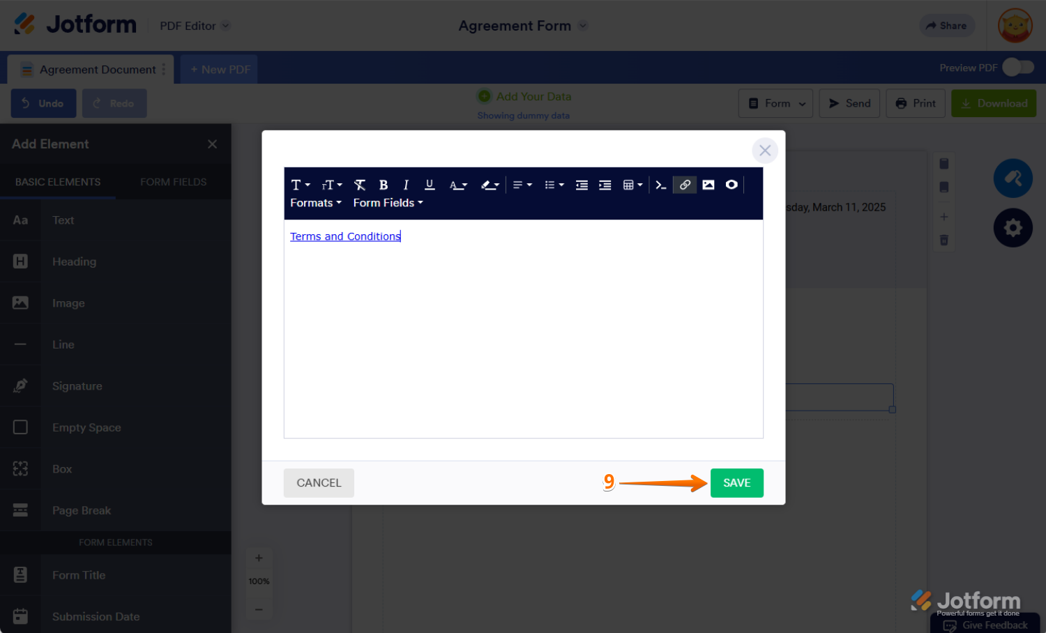 Save button at the bottom of PDF Editor in Jotform after adding a clickable link