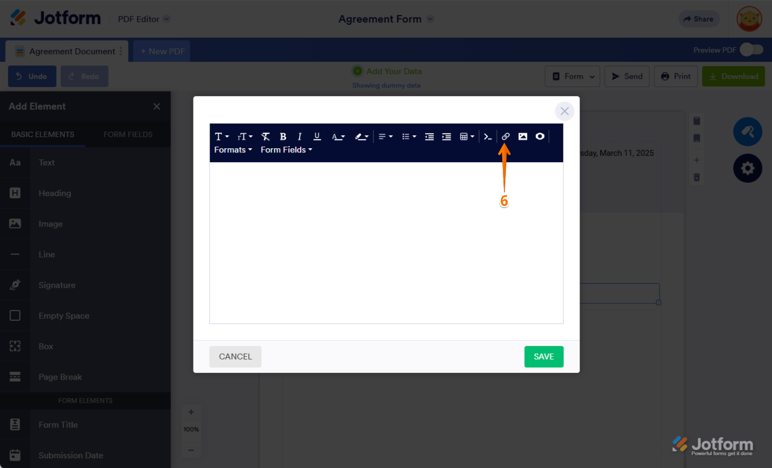 Paragraph Editor in Jotform PDF Editor with Hyperlink icon highlighted in the top menu