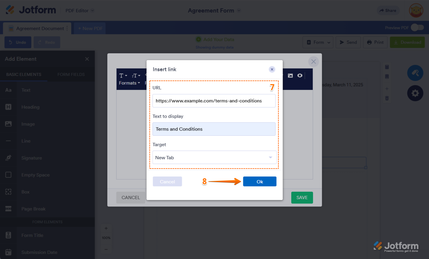 Hyperlink settings window in Jotform PDF Editor showing fields for URL, Text to Display, Target, and OK button
