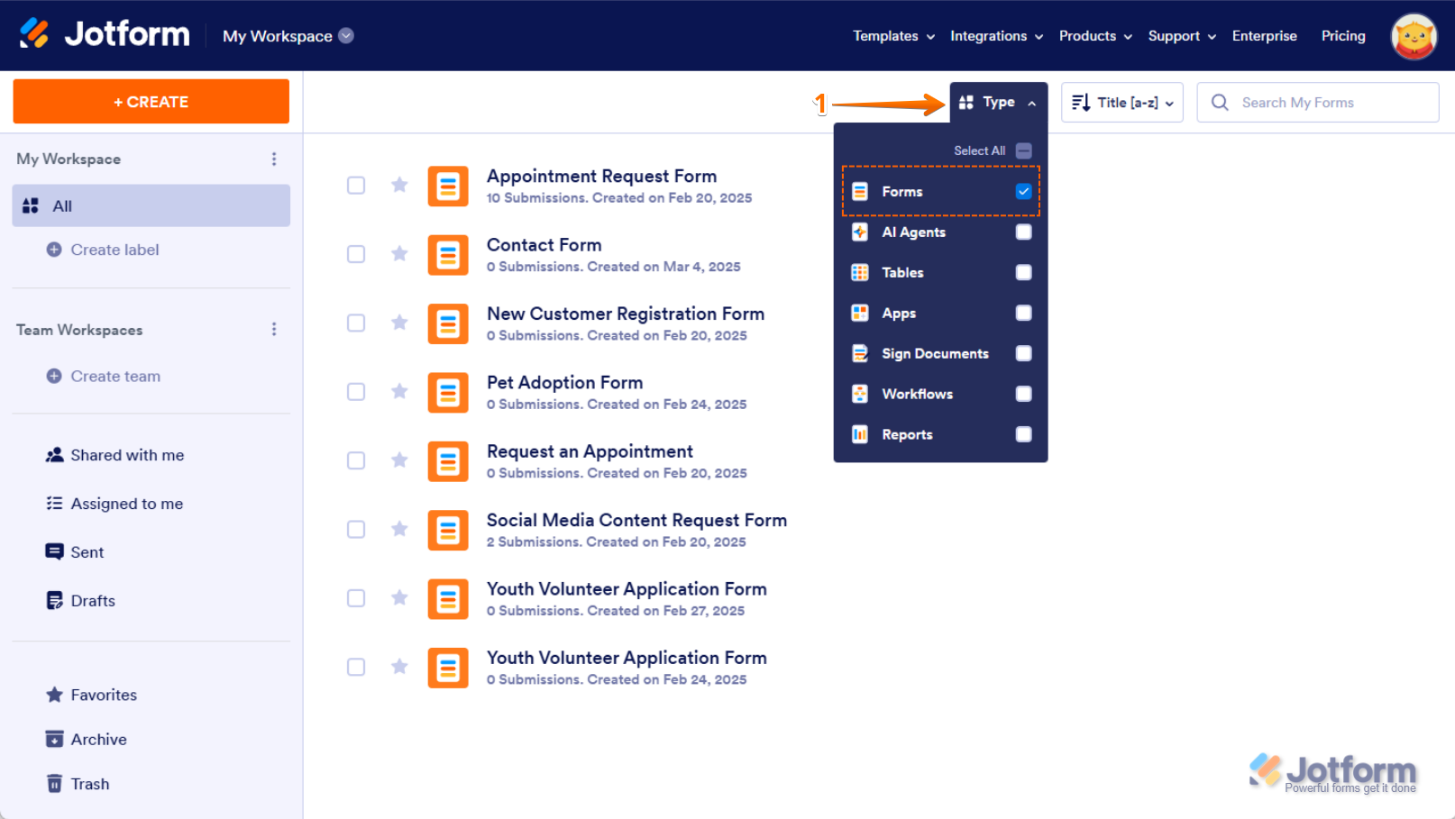 Página de Mi Espacio de Trabajo de Jotform con el menú desplegable 'Tipo' abierto, mostrando todos los tipos de activos desmarcados excepto 'Formularios'