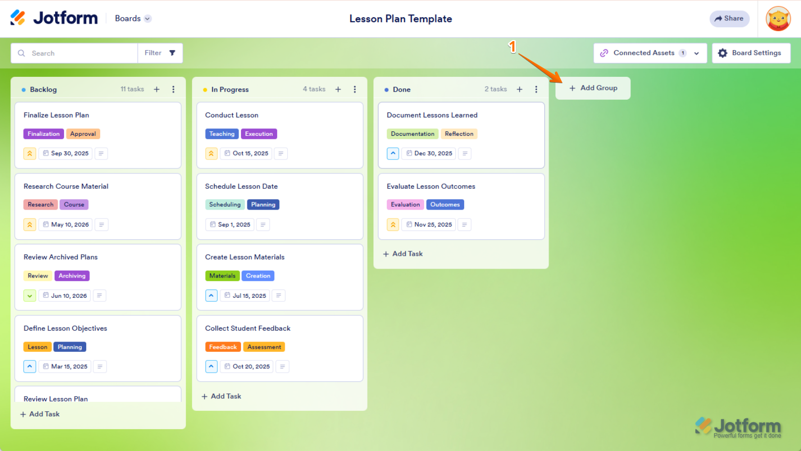 Click on "+ Add Group" in the top-right corner of your Jotform Board to create a new group