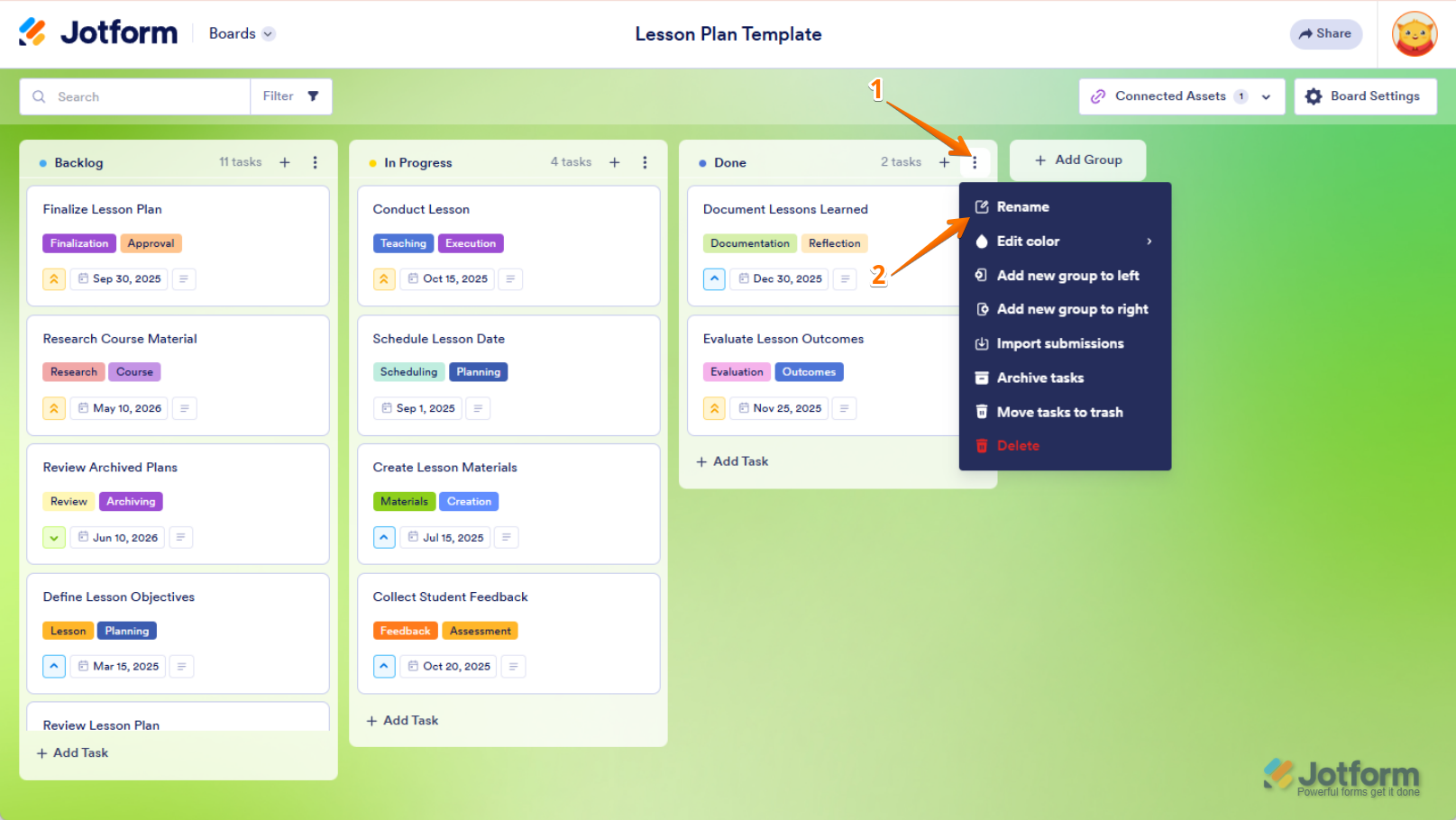 Click the Three Dots icon in the top-right corner of your group, then select "Rename" from the dropdown menu to update the group name in Jotform Boards