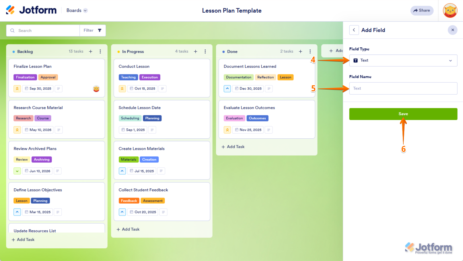 Select a field type, enter a name in the Field Name section, and click "Save" to apply the changes in Jotform Boards