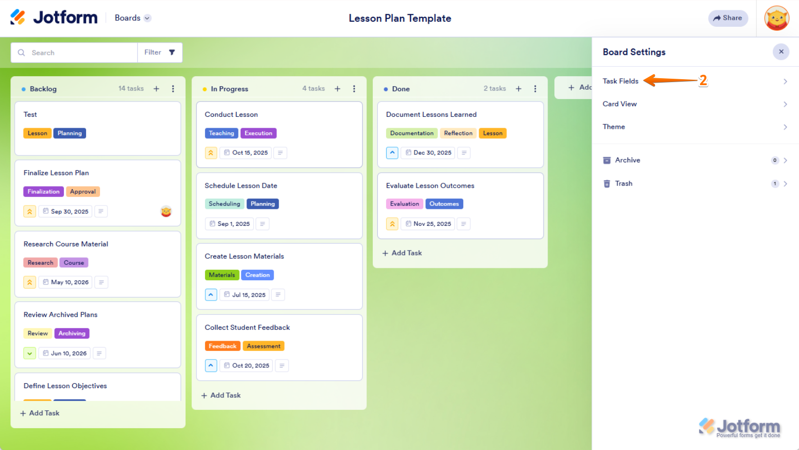 Click on "Task Fields" to manage field settings in Jotform Boards