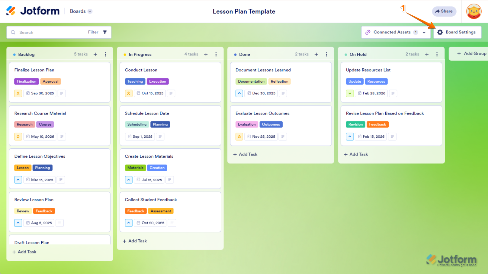 Board Settings in the top-right corner of your board to manage settings in Jotform Boards