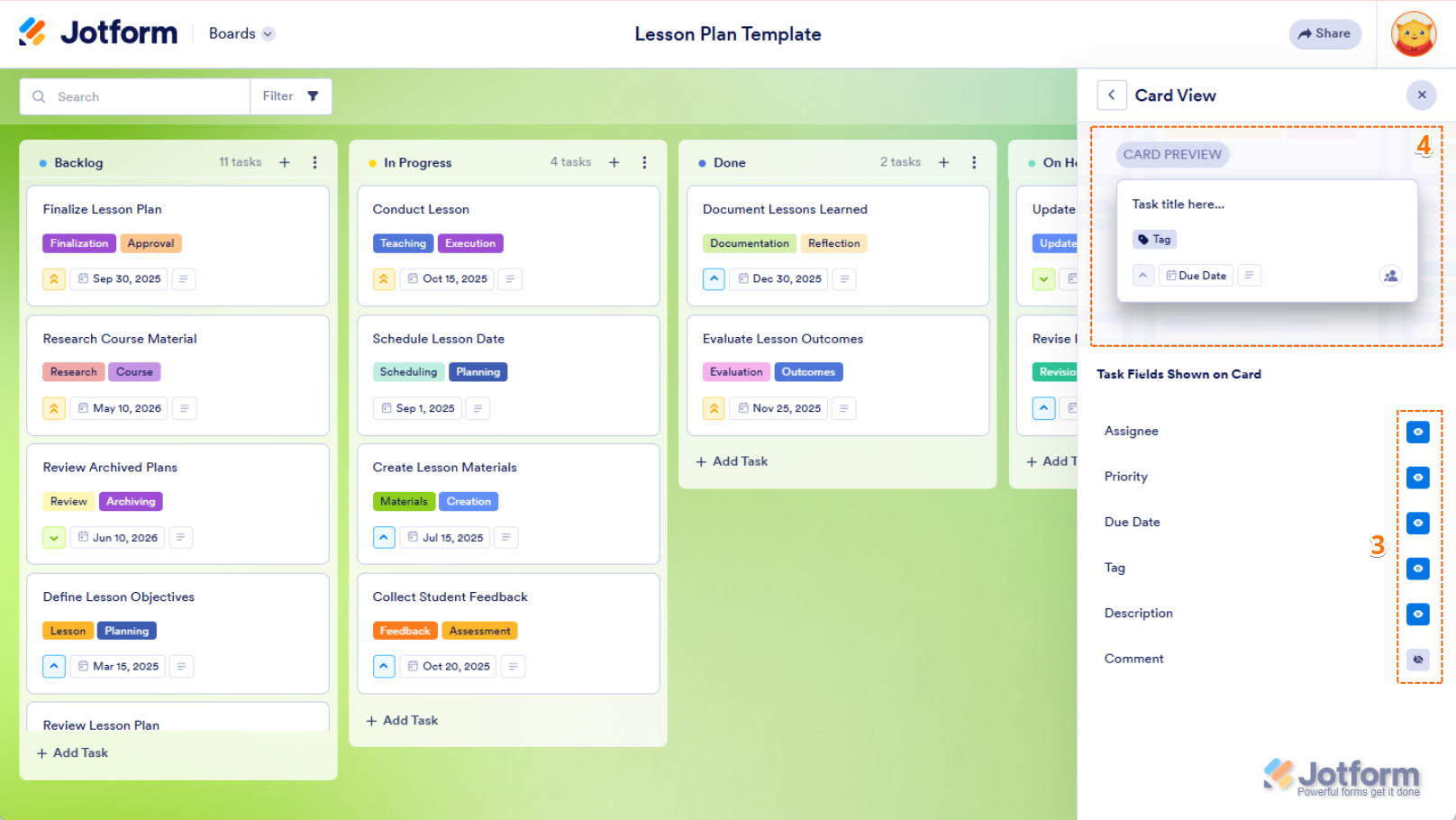 Click the Eye icon next to a task field to hide or show it in Jotform Boards
