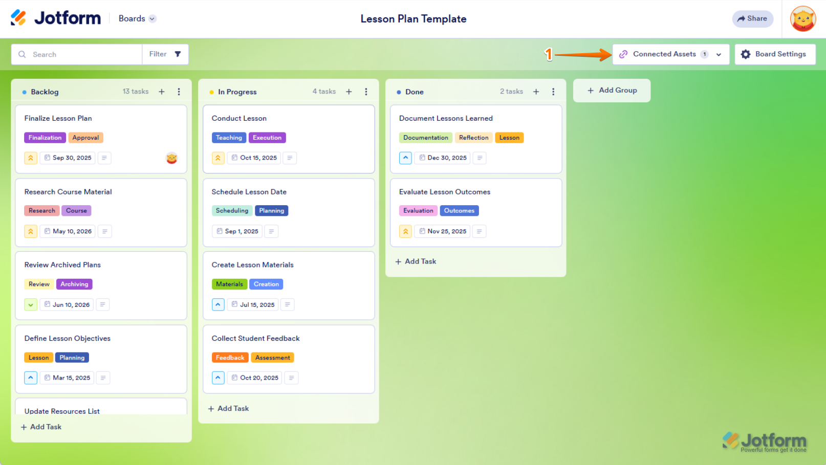 Click on "Connected Assets" in the top menu to manage linked items in Jotform Boards