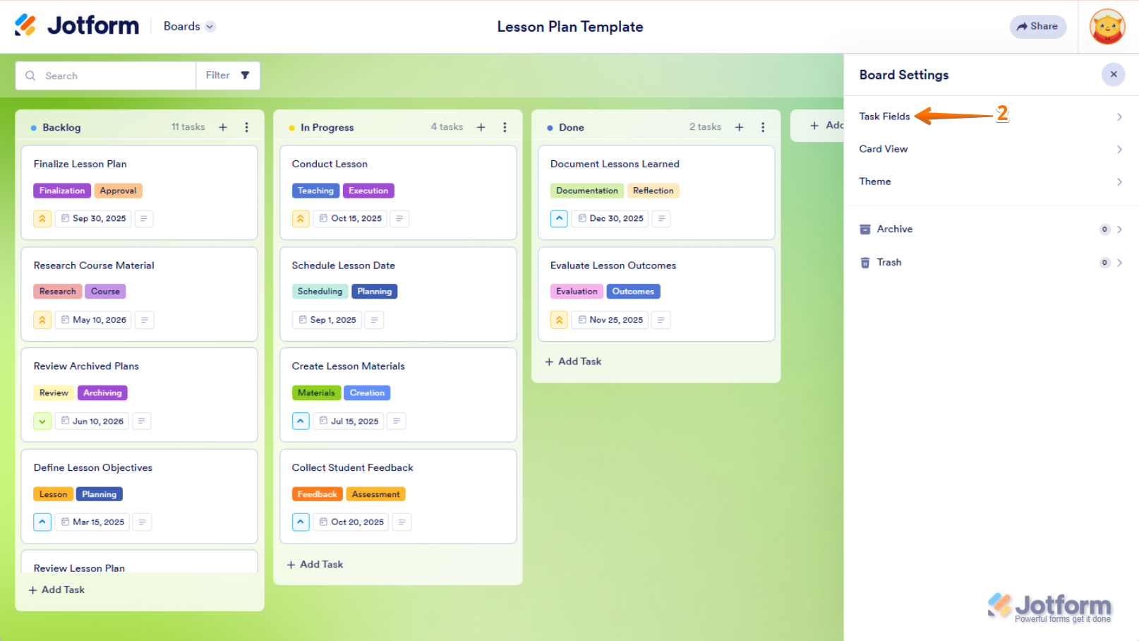 Click on "Task Fields" in the menu to manage fields in Jotform Boards