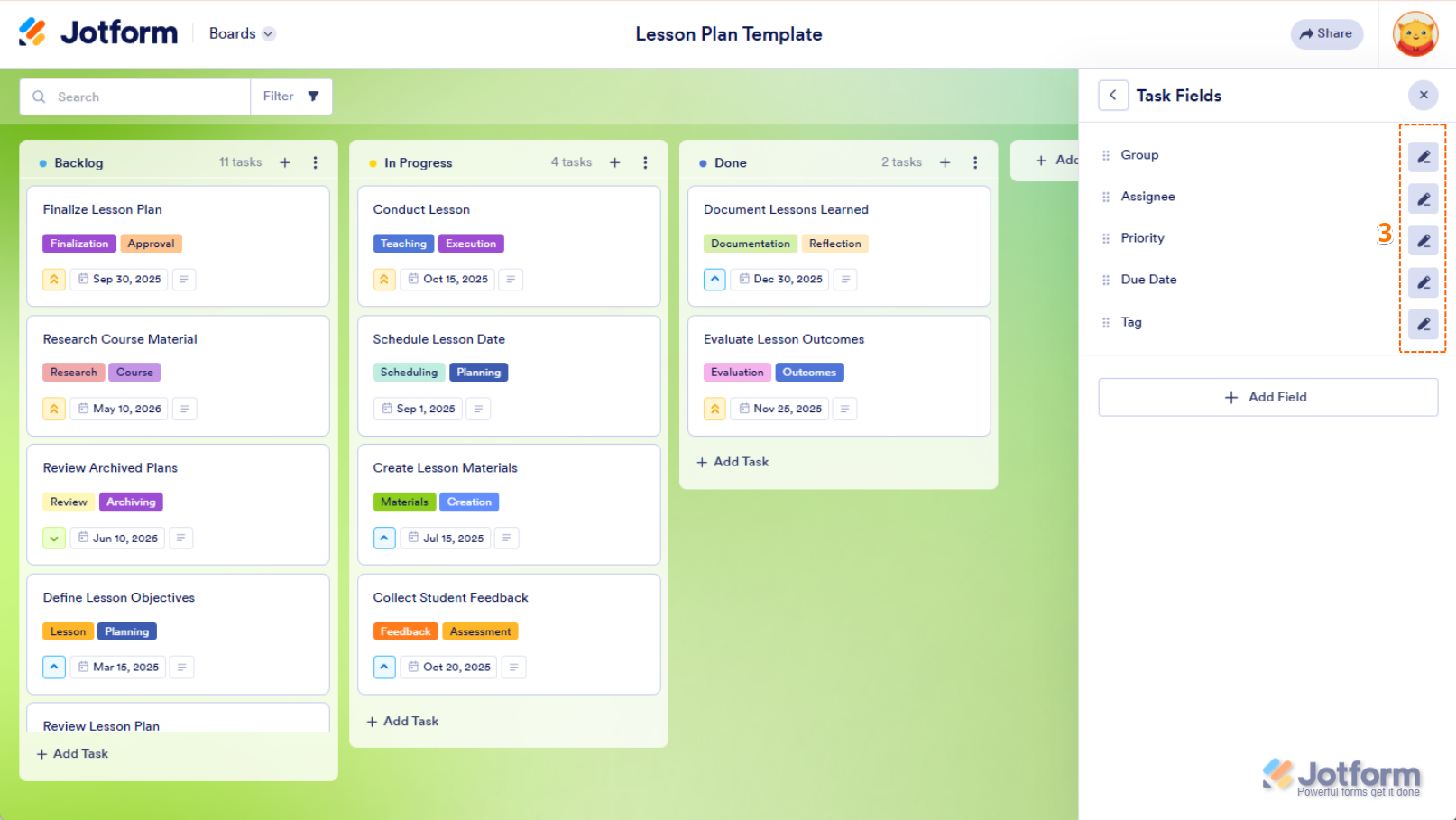 Click the Pencil icon next to the task field to edit and configure it in Jotform Boards