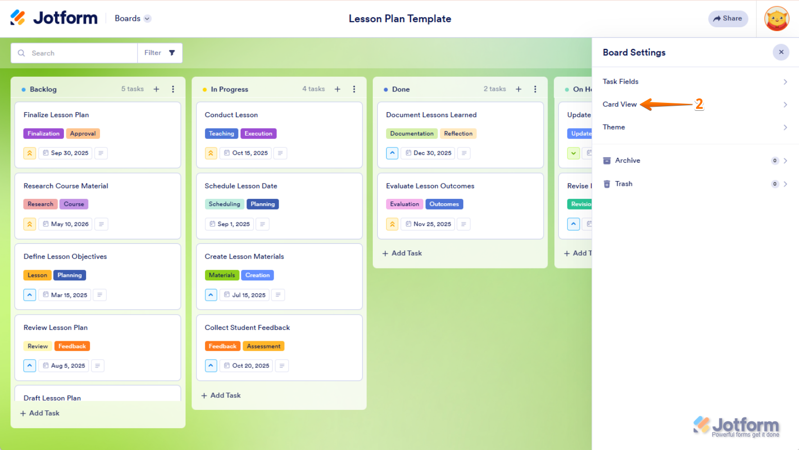 Click on "Card View" in the menu to update the display in Jotform Boards