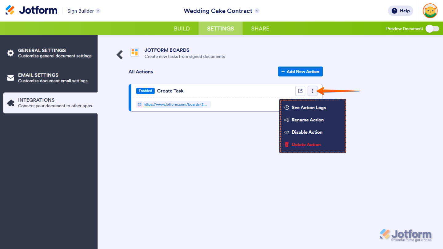 Action menu in the Jotform Boards section in the Integrations menu of the Settings tab in Jotform Sign Builder