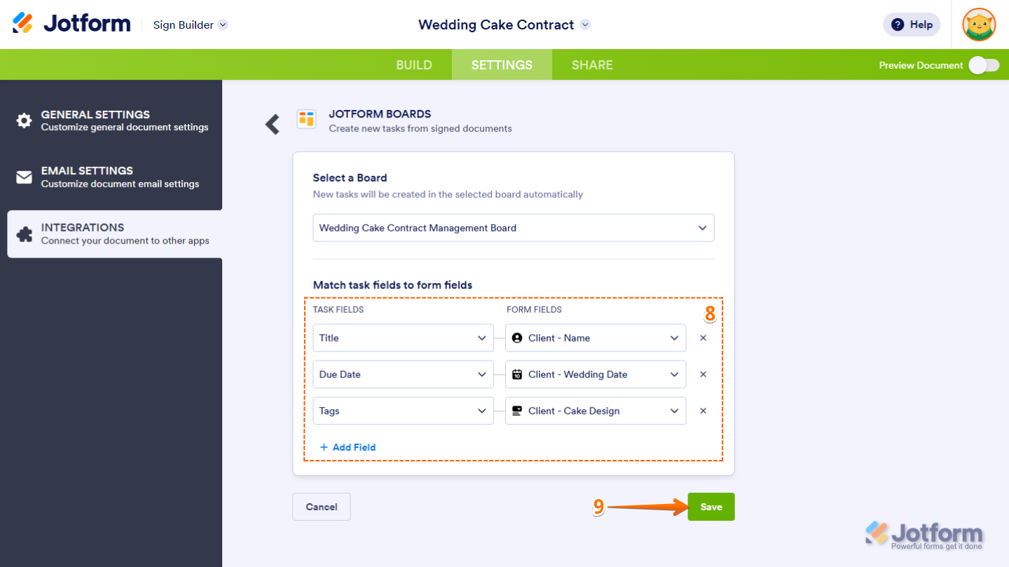 Match Task Fields to Form Fields section in the Jotform Boards section in the Integrations menu of the Settings tab in Jotform Sign Builder