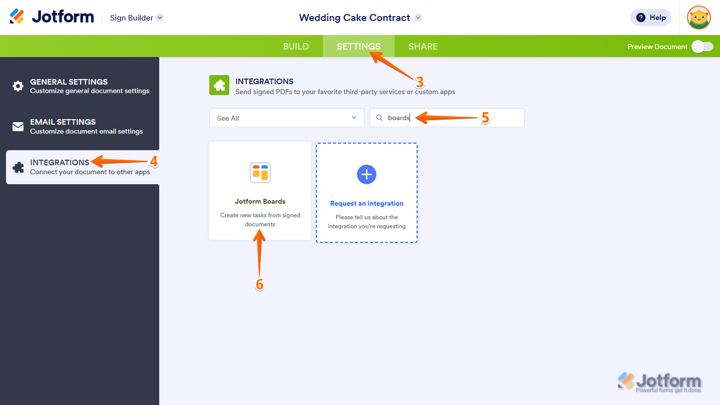 Jotform Boards option in the Integrations menu of the Settings tab in Jotform Sign Builder