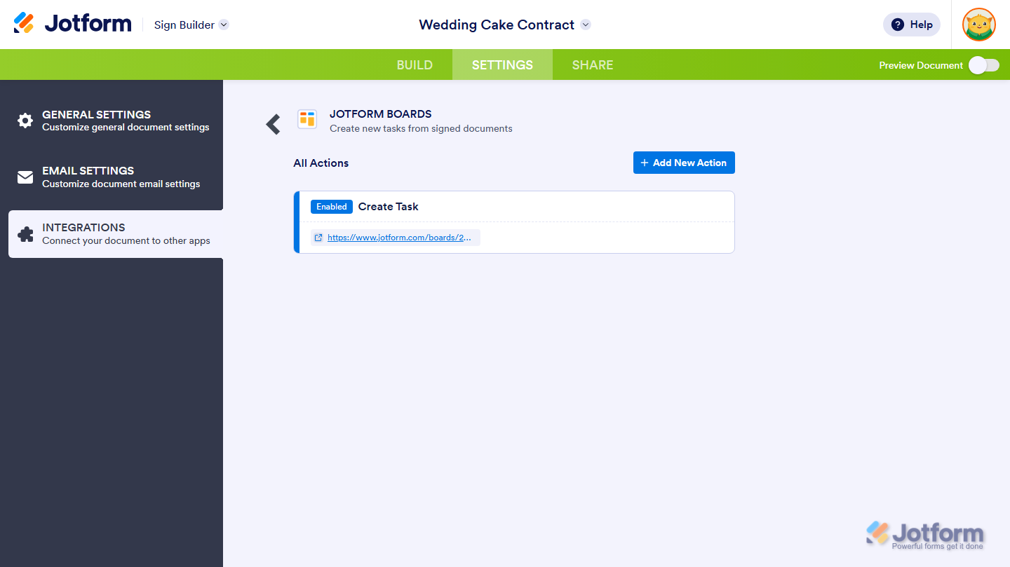 Saved action in the Jotform Boards section in the Integrations menu of the Settings tab in Jotform Sign Builder