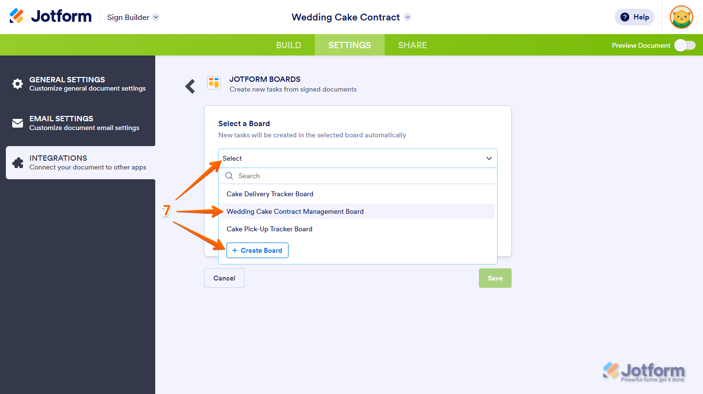 Select a Board dropdown menu of the Jotform Boards section in the Integrations menu of the Settings tab in Jotform Sign Builder