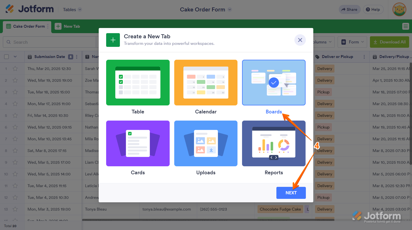 Boards option in the Create a New Tab window in Jotform Tables