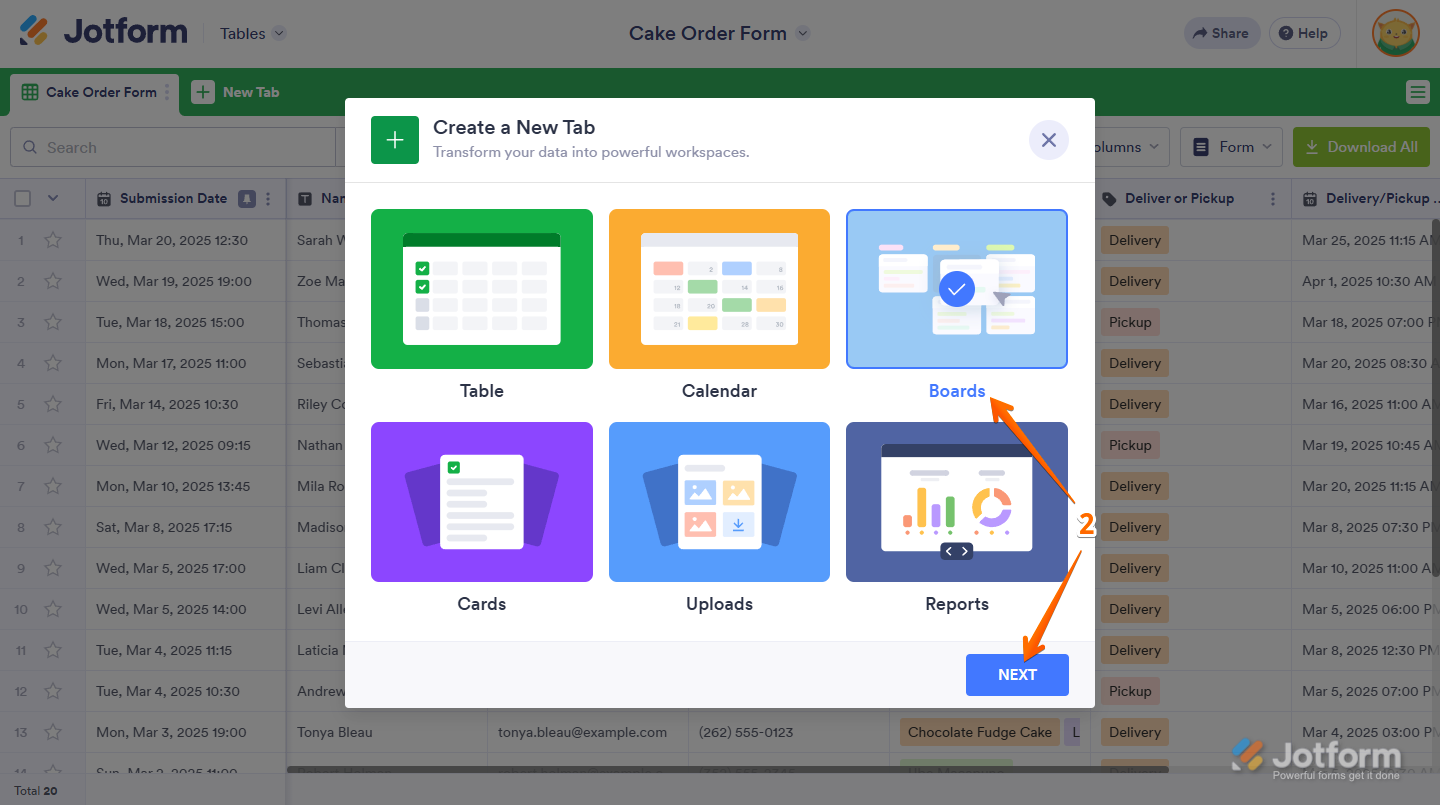 Boards option in the Create a New Tab window in Jotform Tables
