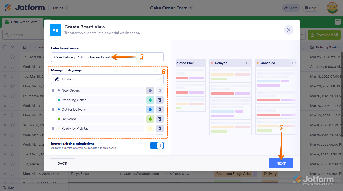 Custom Task Groups option in the Create Board View window of Jotform Tables