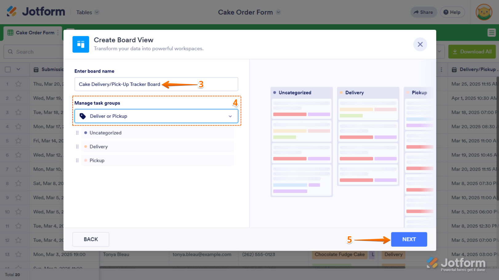 Form Field Task Groups section in the Create Board View window of Jotform Tables