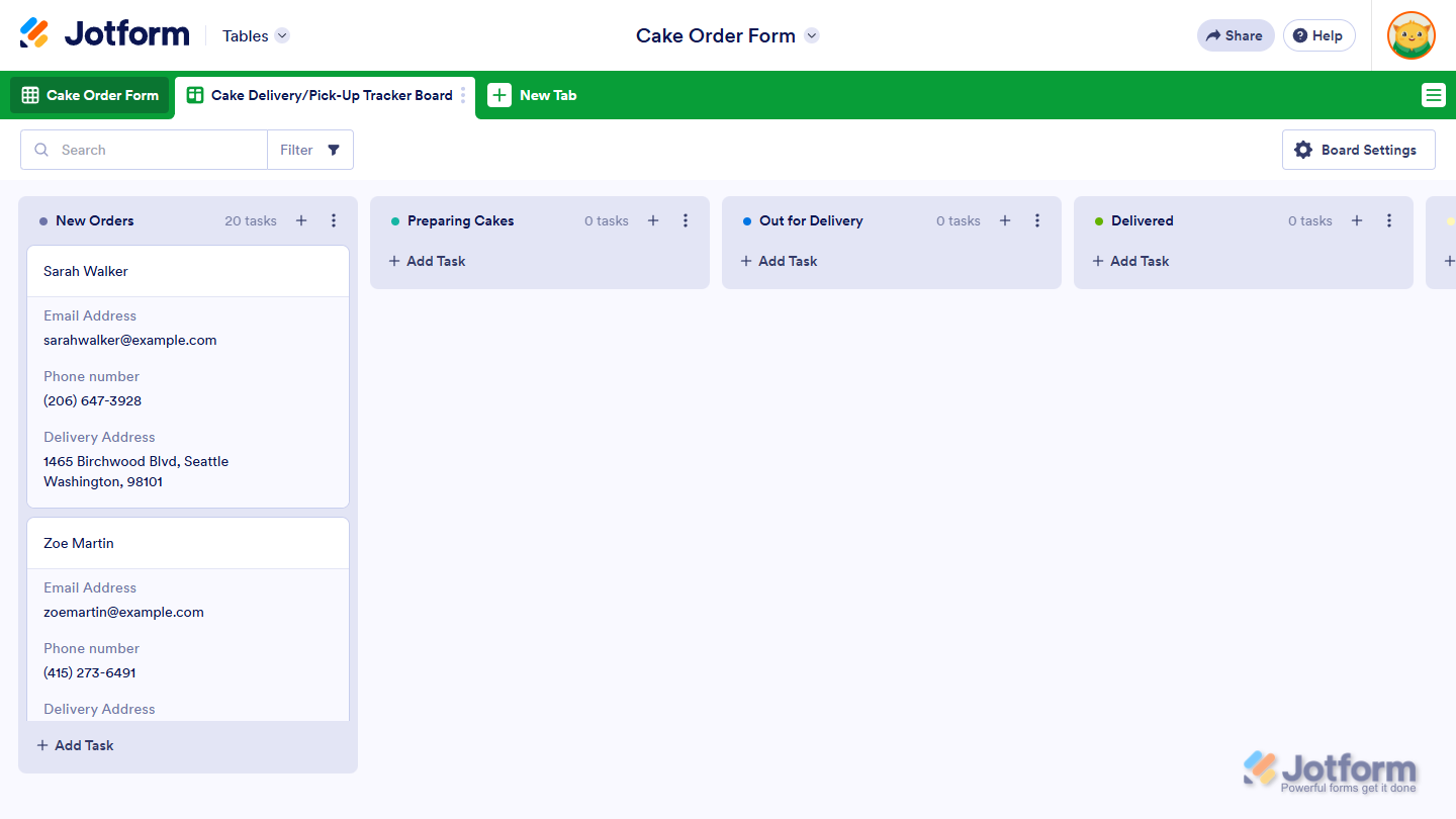 New board tab in Jotform Tables