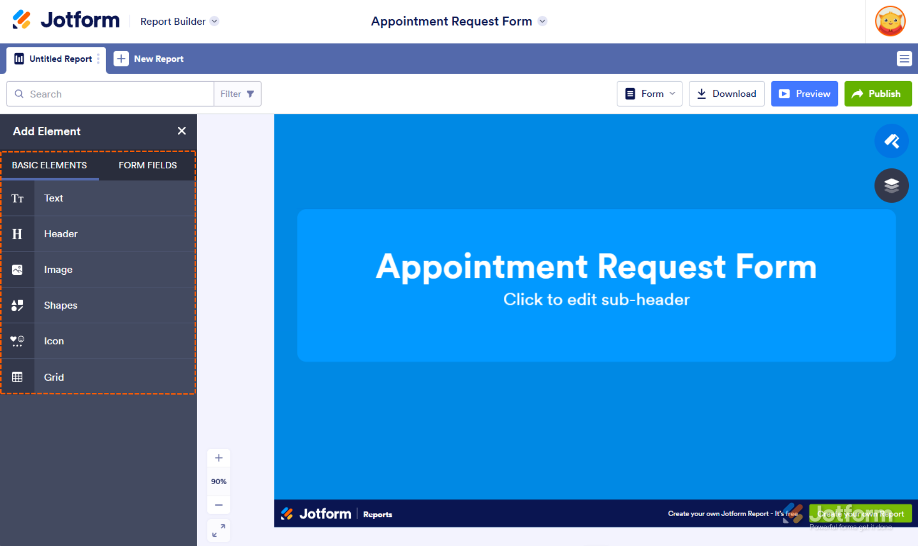 Jotform Report Builder with the 'Basic Elements' tab open, showing options for Text, Header, Image, Shapes, Icon, and Grid