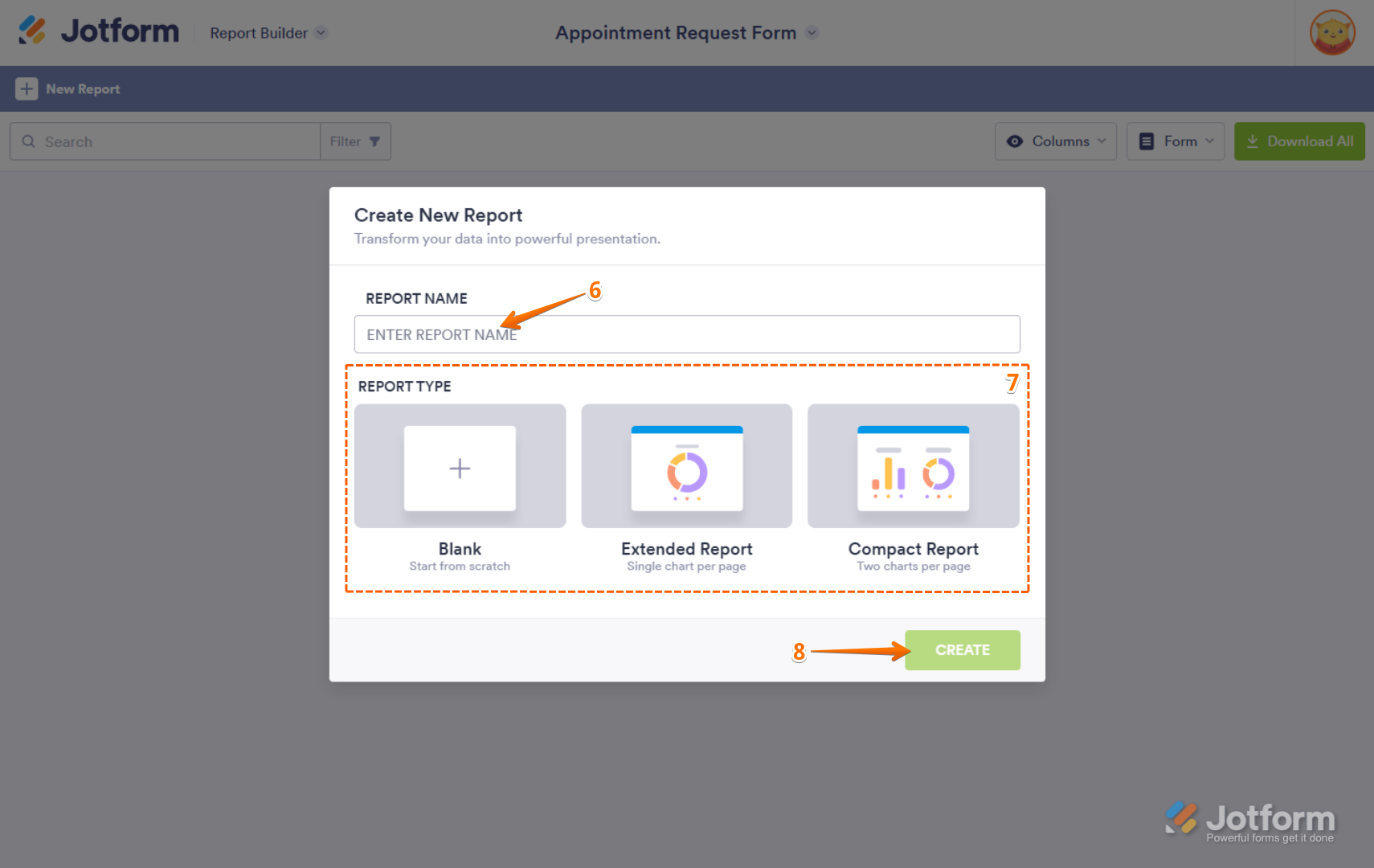 Jotform Visual Report setup window with a field to enter a Report Name, options for Blank, Extended, and Compact reports, and the 'Create' button at the bottom