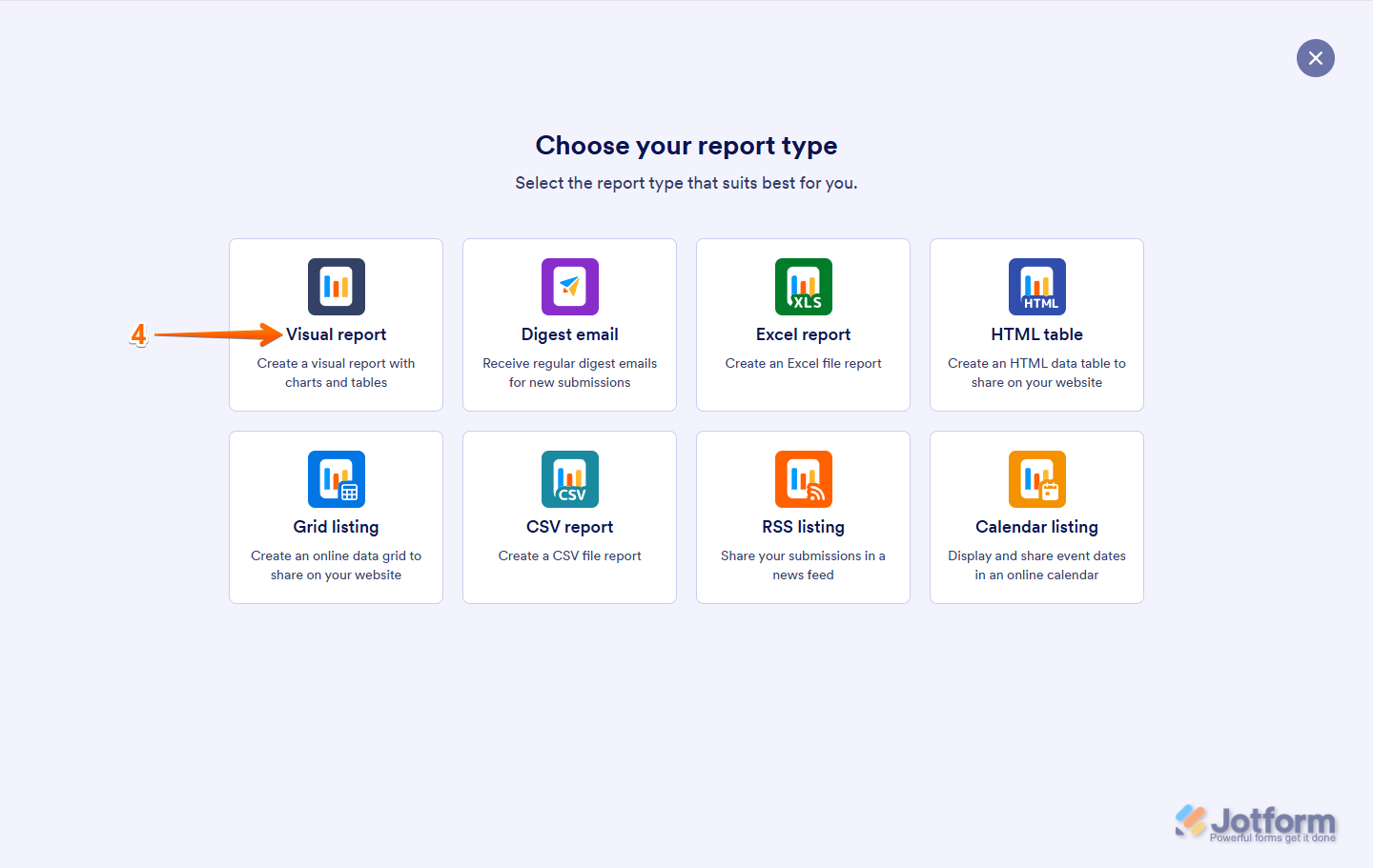 Página Crear informe de Jotform con la opción 'Informe visual'