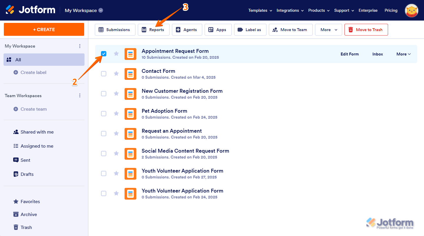 Página de trabajo de Jotform con un formulario seleccionado