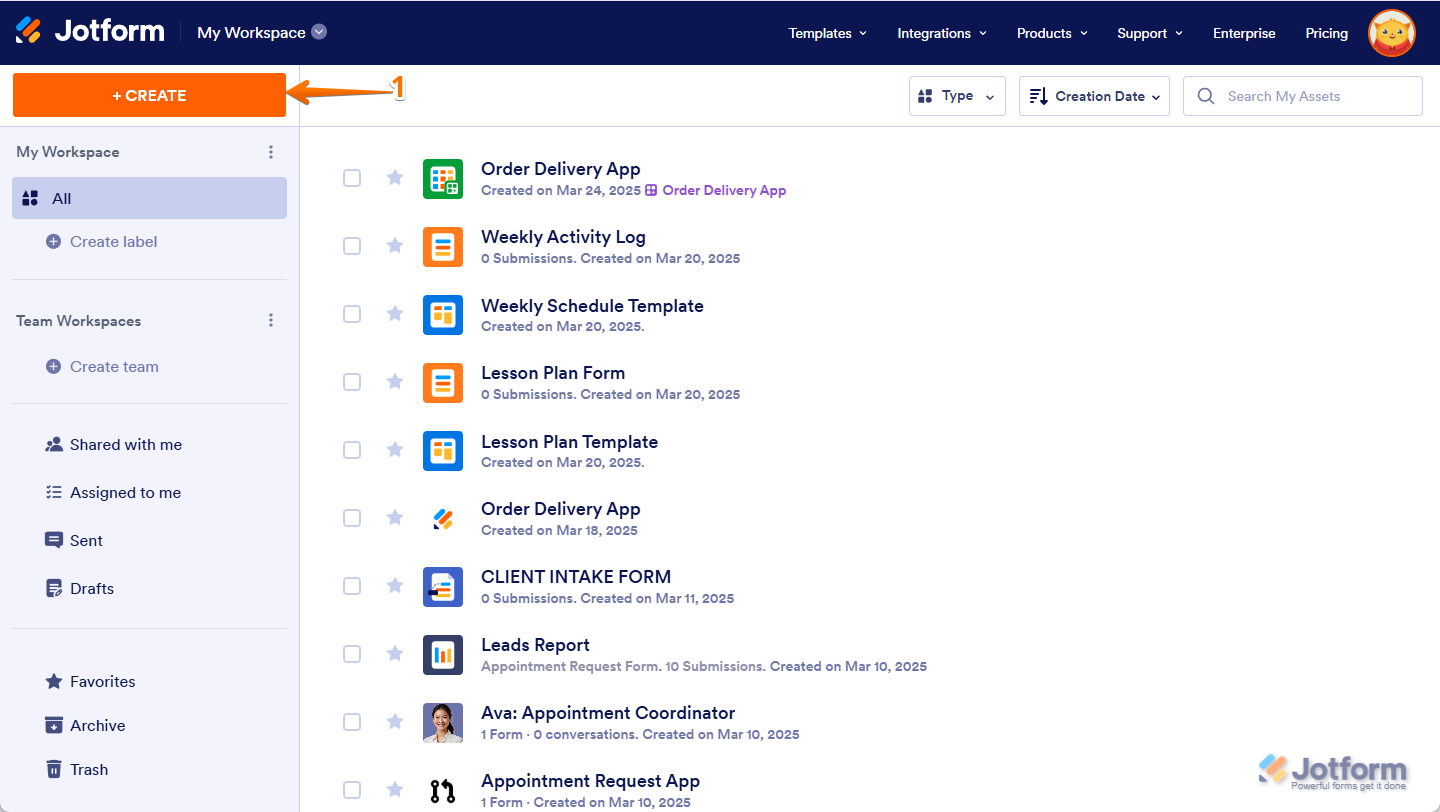My Workspace page and click the 'Create' button at the top-left corner to start a new boards or assets in Jotform