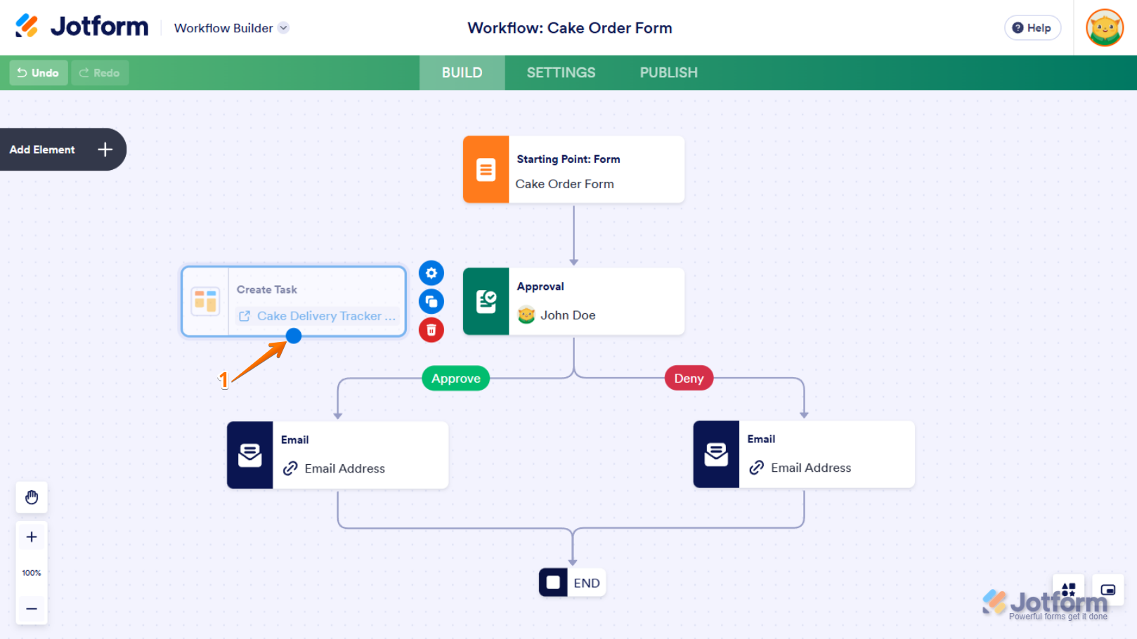 Connect flow from Jotform Boards Create Task element in Jotform Workflow Builder