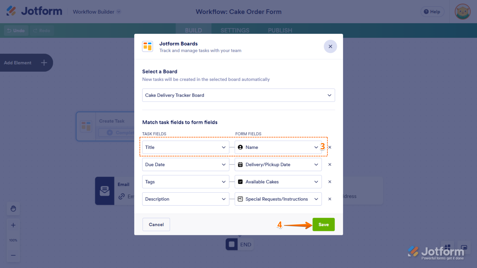 Match Task Fields to Form Fields section in the Jotform Boards window in Jotform Workflow Builder