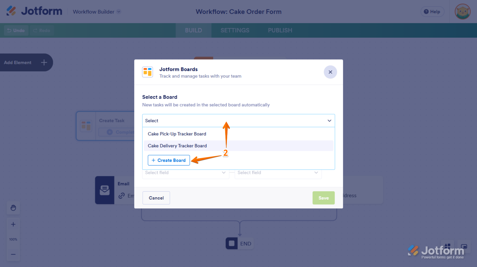 Select a Board dropdown in Jotform Boards window in Jotform Workflow Builder