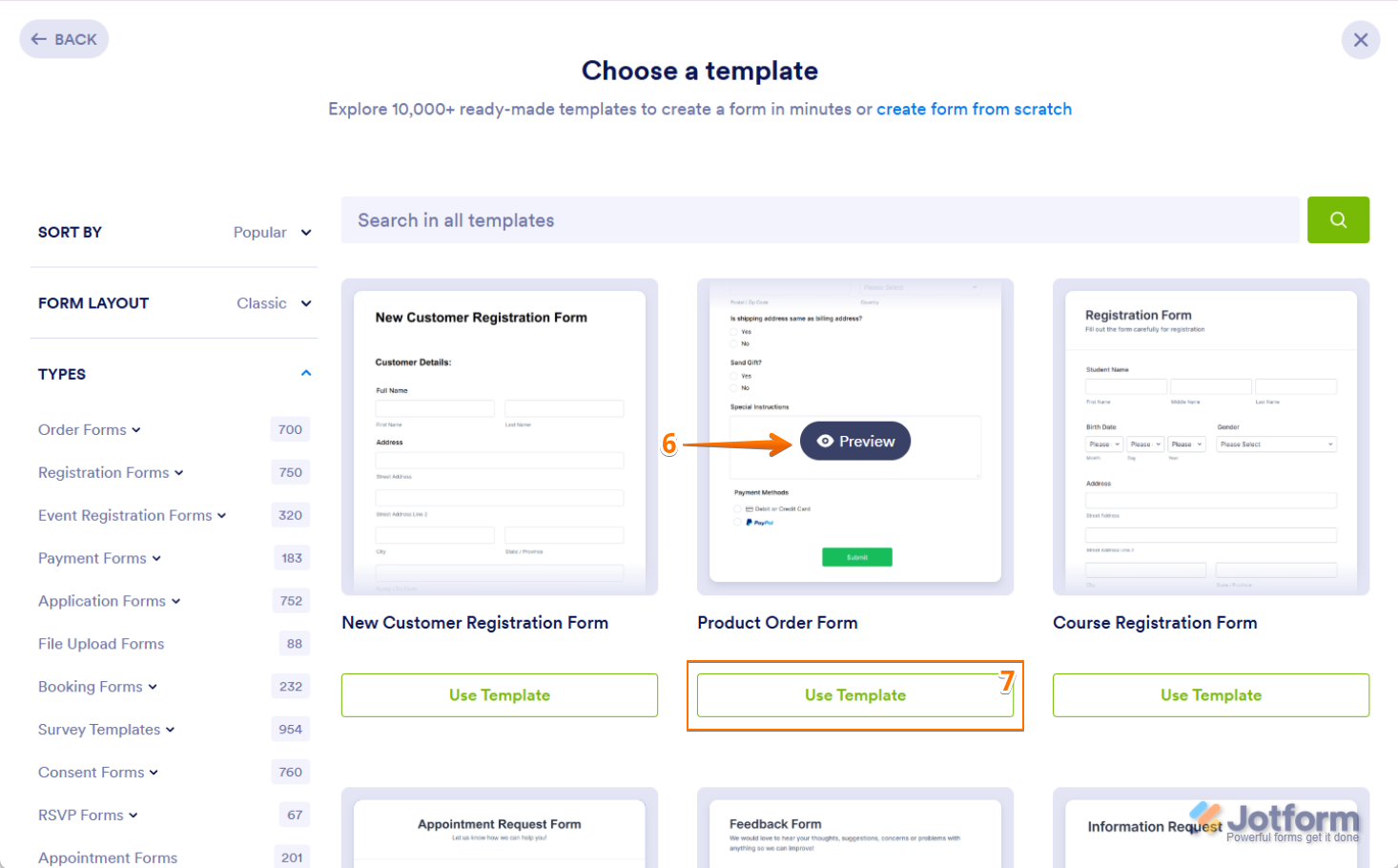 Botón de Vista previa y Usar plantilla en el Área de Trabajo de Jotform