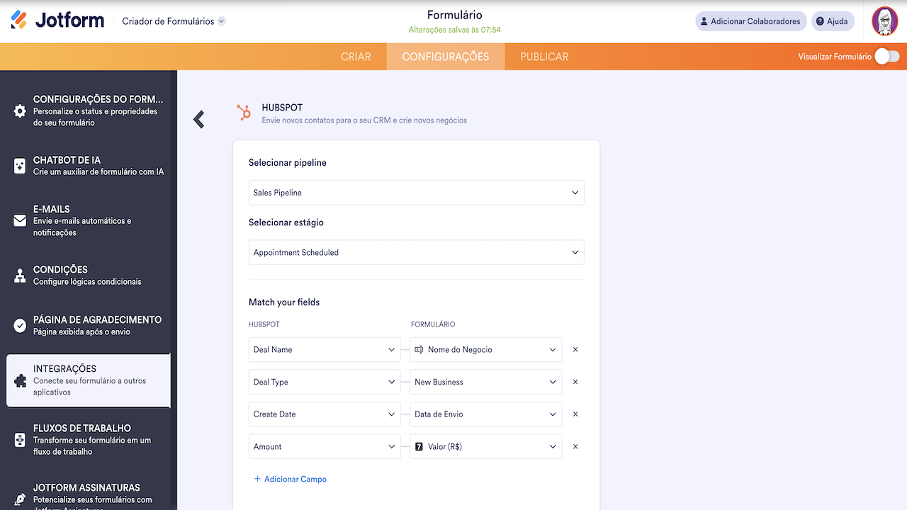 Criando negócio na integração ao hubspot
