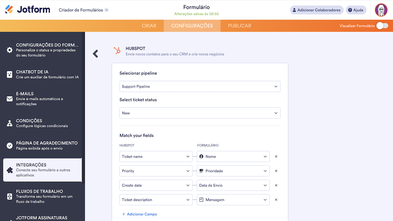 Criando ticket na integração ao hubspot